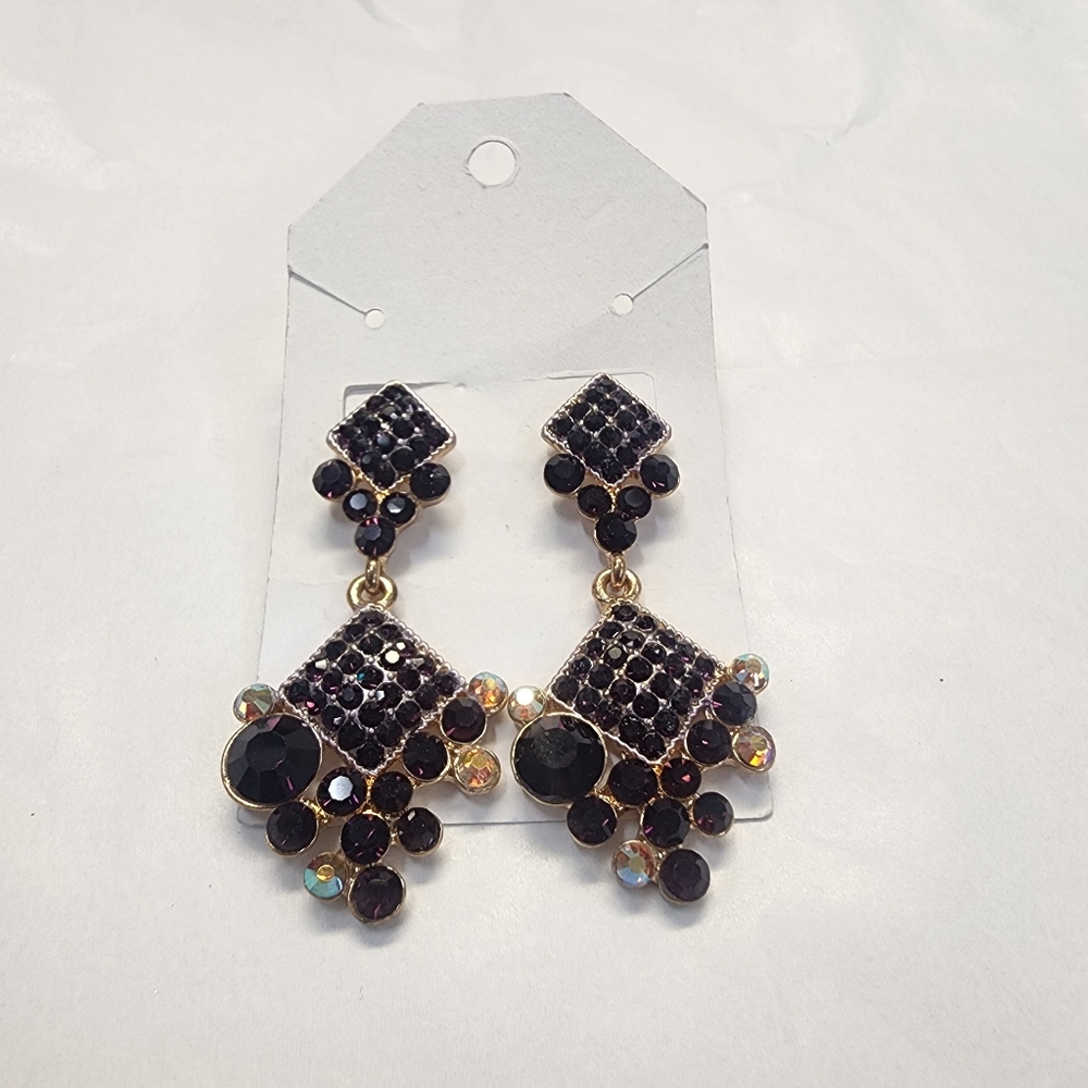 Elegant Dark Purple Orange Gold Aurora Borealis Dangle Rhinestone Earrings